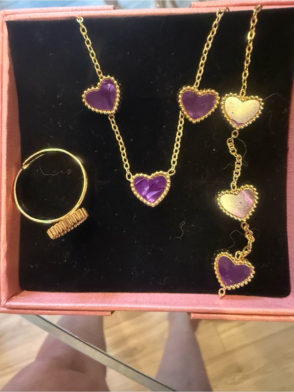 Goldtone Necklace & Bracelet Set with Purple Heart Pendants